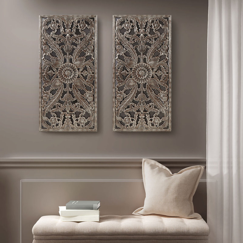 Ensemble de 2 décorations murales en bois sculpté vieilli, Bronze