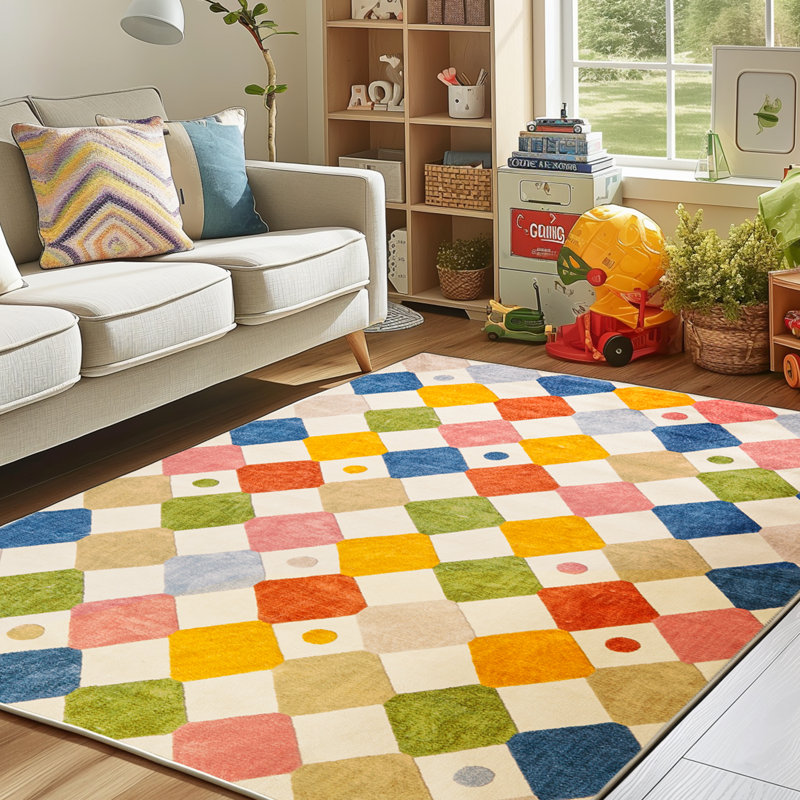 Tapis antidérapant coloré à motif de losanges pour enfants, Cirque sur crème, Rectangle 7 pi x 9 pi