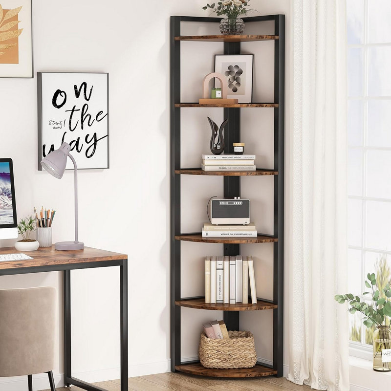 70.87" Tall 6-Tier  Rustic Brown Corner Bookshelf Storage Shelf For Living Room & Office