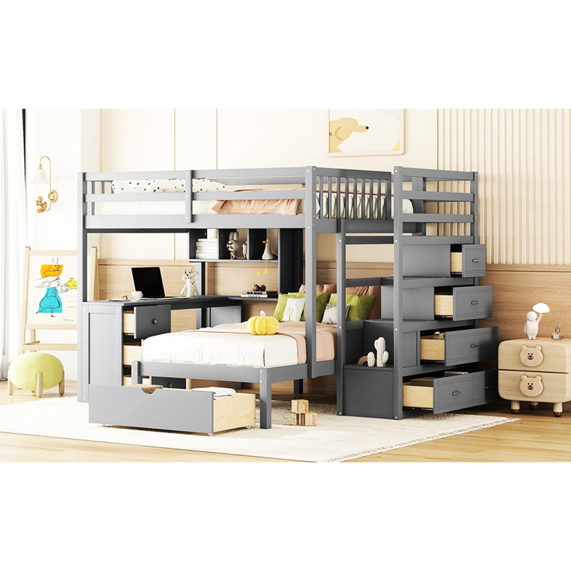 Full Over Twin Bunk Bed In Gray, Equipped With Desk, Drawers And Shelves For Family Bedroom Needs Gray Storage A Tidy Functional Design