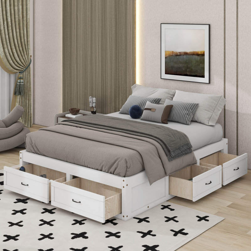 Grand lit plateforme avec 6 tiroirs, Blanc antique