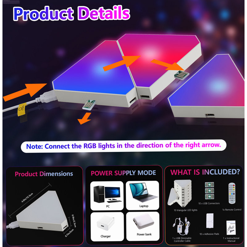 10-Pack App-Controlled Music-Sync Modular Triangular LED Panels, RGB Multi-Color, 10