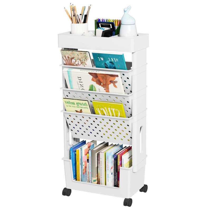 5-Tier Mobile Bookshelf, Rolling Bookcase Book Storage Rack, Movable File Folder Organizer Cart With Wheels For Home Study Office Living Room Classroom, (White)