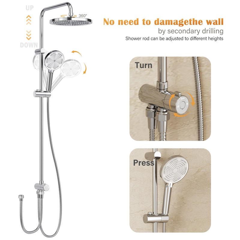 Complete Shower Kit – 25 cm Rainfall Shower Head, Height-Adjustable Rail & 3-Mode Handheld, No-Drill Mounting, 1.5 m Hose, Chrome Shower Faucet Set for Bathroom