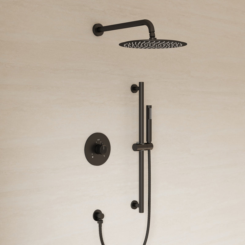 10" Pressure-Balanced Rain Shower System with Adjustable Slide Bar Handheld Shower and Rough-In Valve, Matte Black