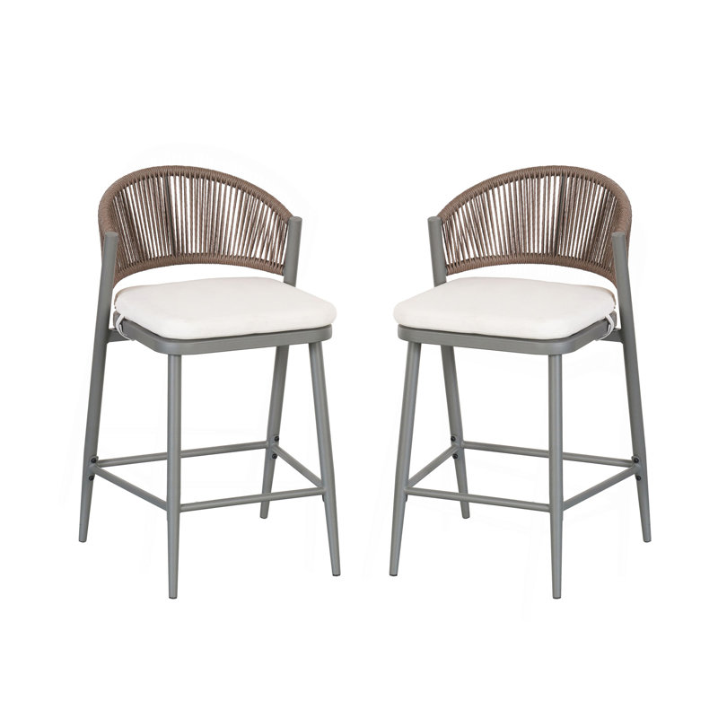Outdoor 26" Seat Height Metal Frame Counter Stools With PE Rattan Scallop-Shaped Backrest, Set Of 2, Beige, Matte Gray