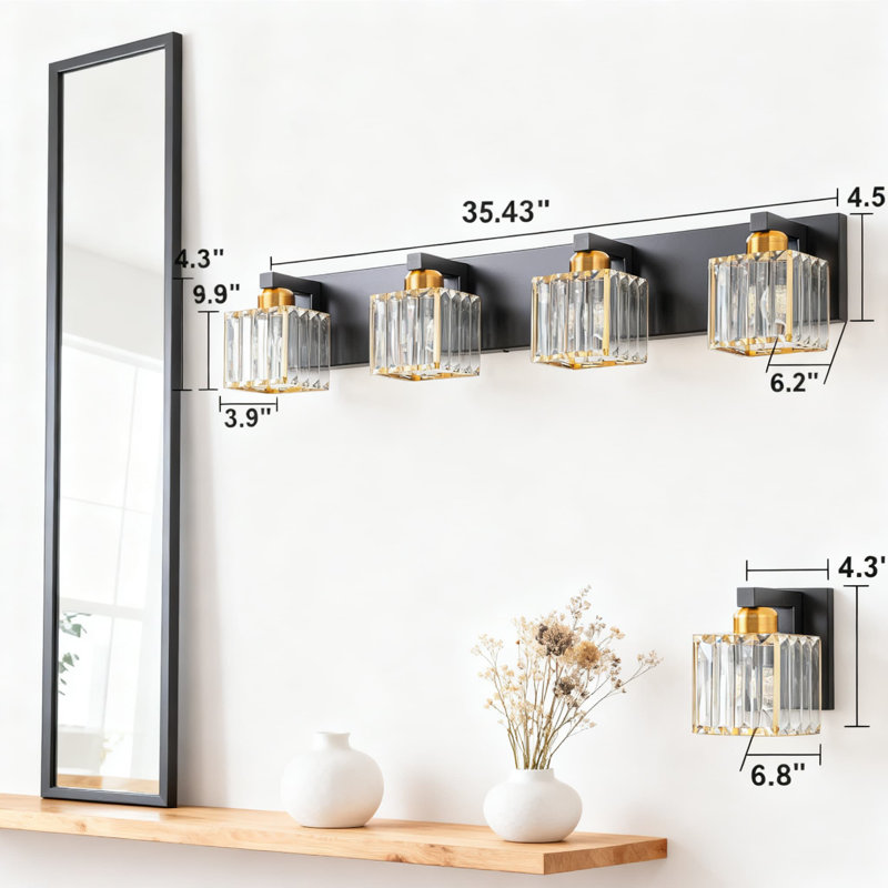Luminaire de salle de bain en cristal, éclairage de salle de bain moderne avec abat-jour carrés pour fixation murale sur miroir, douille E26 à intensité variable