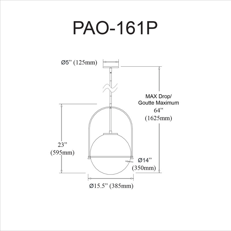 Luminaire suspendu incandescent 1 lumière Paola, H 23 po x l 15,5 po x P 15,5 po, Chrome poli