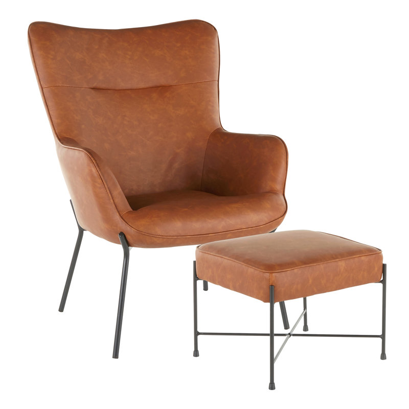 Ensemble de fauteuil et repose-pieds Izzy en métal noir et similicuir brun clair