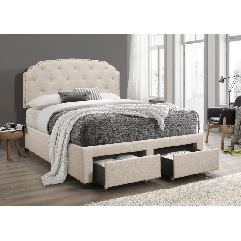 Lit tapissier capitonné Ayotte, Beige, Très grand