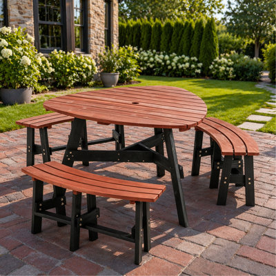 Ensemble de table de pique-nique extérieur 6 personnes semi-circulaire - avec 3 bancs encastrés et trou de parasol central, pour patio, cour arrière, jardin