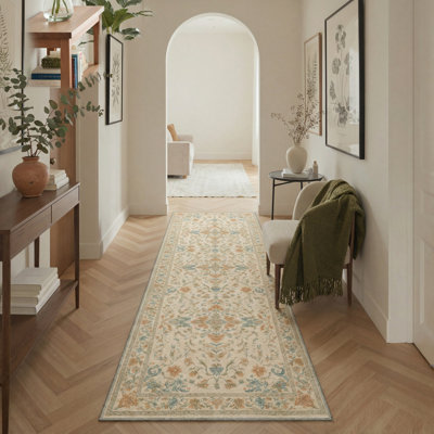 Tapis floral beige / orange / bleu sarcelle lavable à la machine avec envers antidérapant