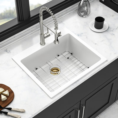 25X22" White Composite Drop - In Quartz Kitchen Sink, And Easy To Maintain, Rounded Corners For Hygiene, Package With Installation Clips Sink 25X22", Composite, Reduces Dirt Accumulation Zones, Comes