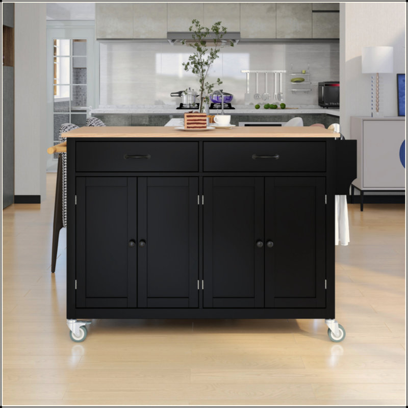 Chariot pour îlot de cuisine avec plateau en bois massif et roues verrouillables, largeur de 54,3 pouces, armoire à 4 portes et deux tiroirs, support à épices, porte-serviettes (noir)