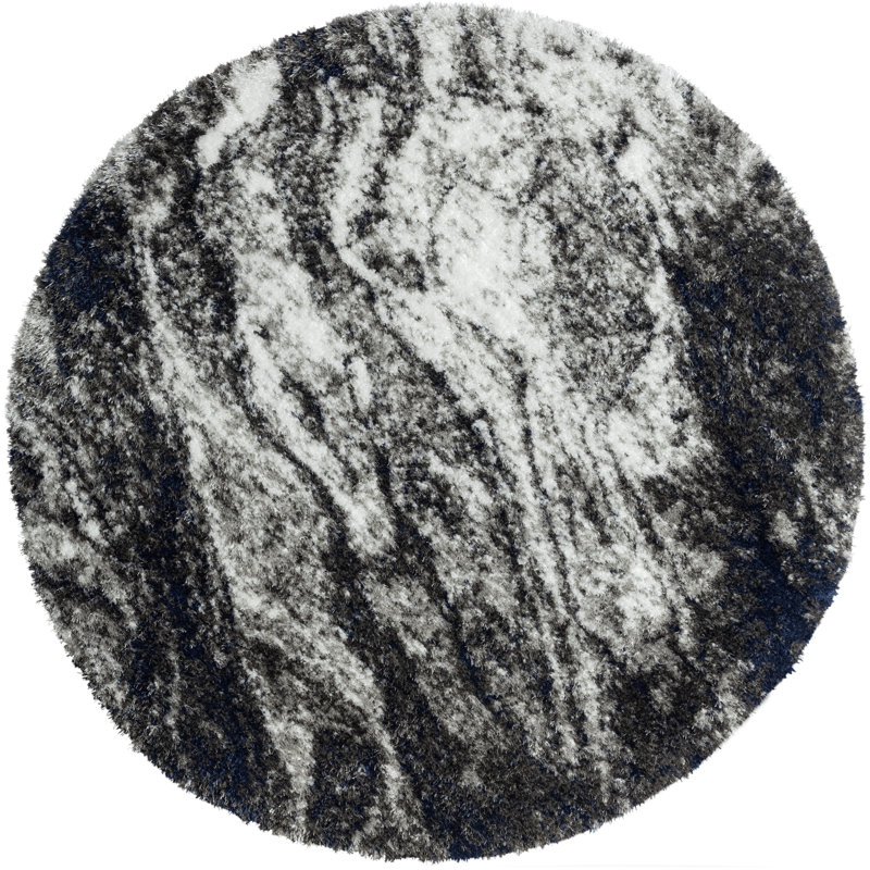 Abstract Shag Black/Navy Blue/Grey Area Rug, Round 4'8"