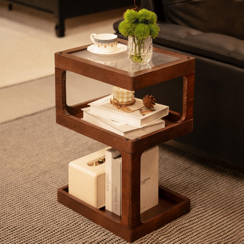 Table d'appoint en bois massif, petite table de bout à 3 niveaux, table d'appoint brune 100% pin, plateau en acrylique cannelé, style rétro géométrique, table de bout MCM, rangement ouvert, pour salon, canapé, chambre à coucher, étroit