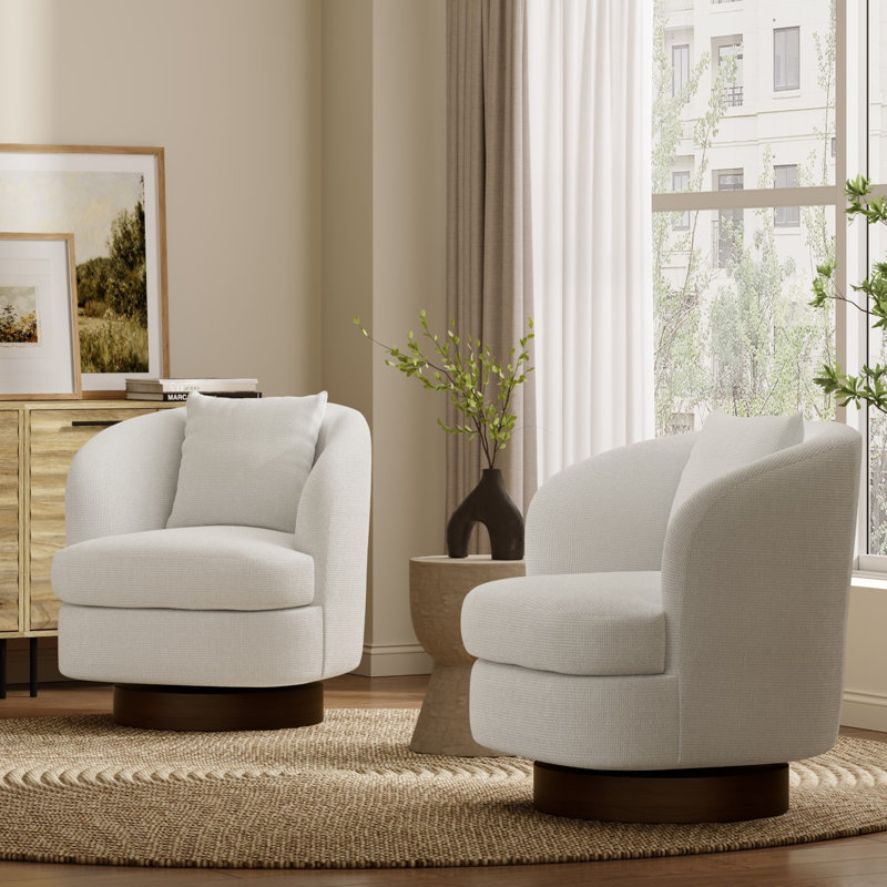 Chaise d'appoint rembourrée blanche tissée pivotante texturée avec base et coussin brun foncé