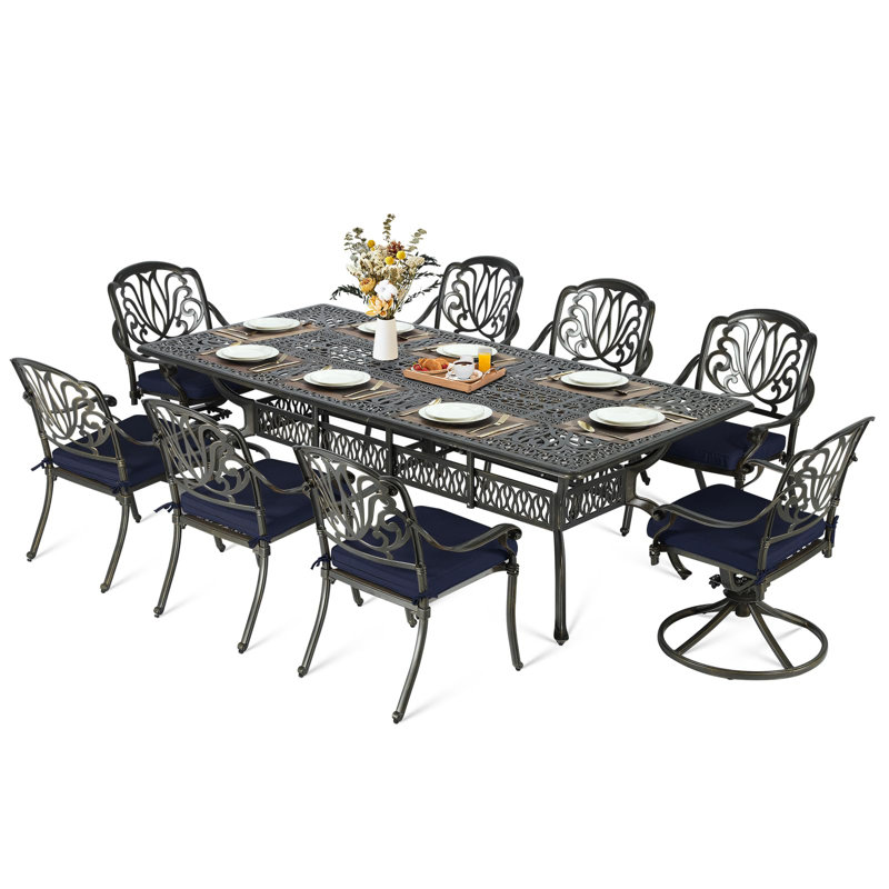 Meetwarm 9-Piece Outdoor Patio Dining Set, All Weather Cast Aluminum Patio Funiture Table And Chairs Set- 94.5" Rectangular Table And 2 Swivel Rocker Chairs, 6 Stationary, Umbrella Hole
