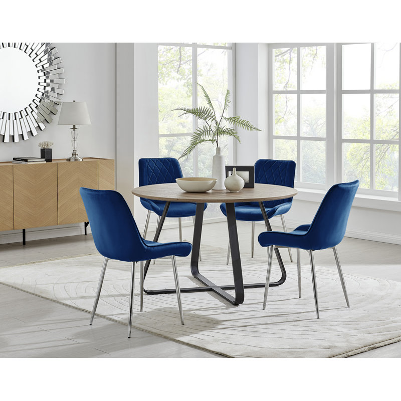 Venedocia Round Wood Effect Dining Table & 4 Luxury Velvet Dining Chairs, Navy/Silver