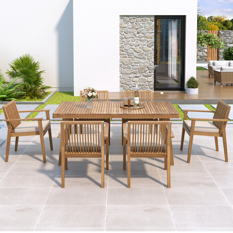 Acacia Wood 7-piece Outdoor Dining Set With Table & 6 Heavy-duty Cushioned Chairs, Brown