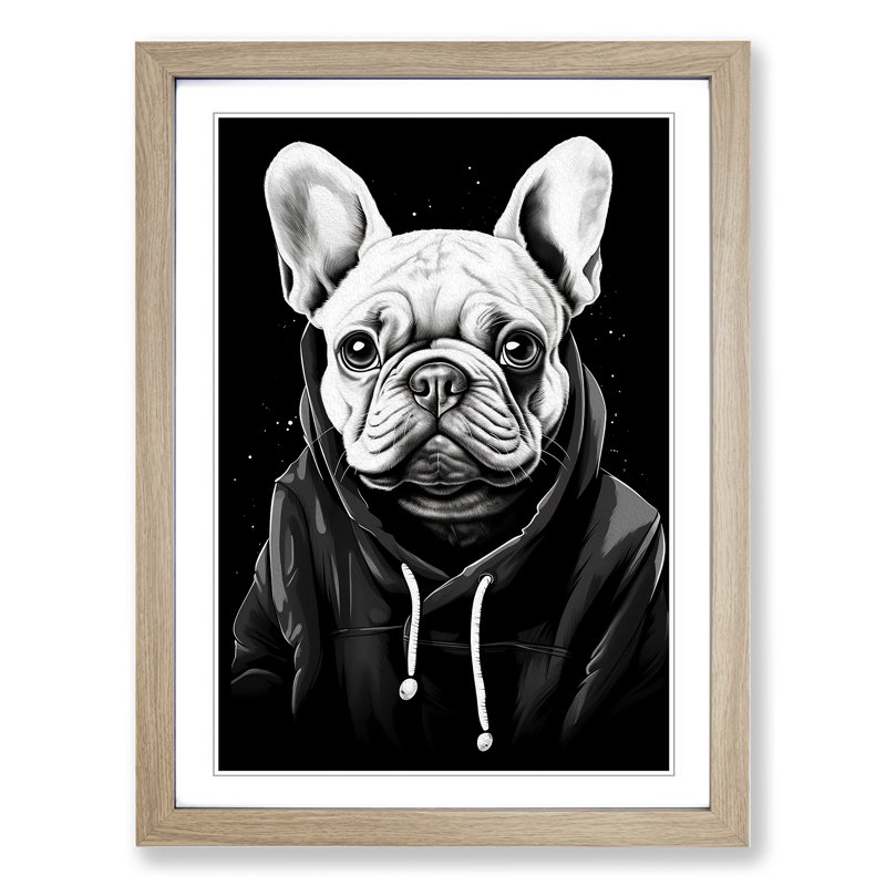 French Bulldog Line - Single Picture Frame Print on Wood, 34cm H x 25cm W x 2cm D, Oak