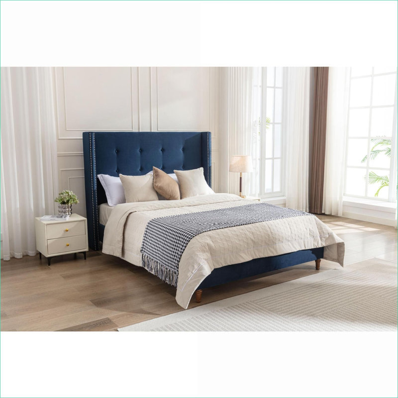 Grand lit plateforme tapissier capitonné Peyton, Grand lit, Bleu