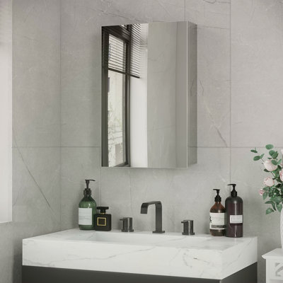 Armoire à pharmacie murale avec miroir, armoire de salle de bain avec porte à charnières, tablettes de rangement pour le salon et la salle de lavage, 15 po x 24 po