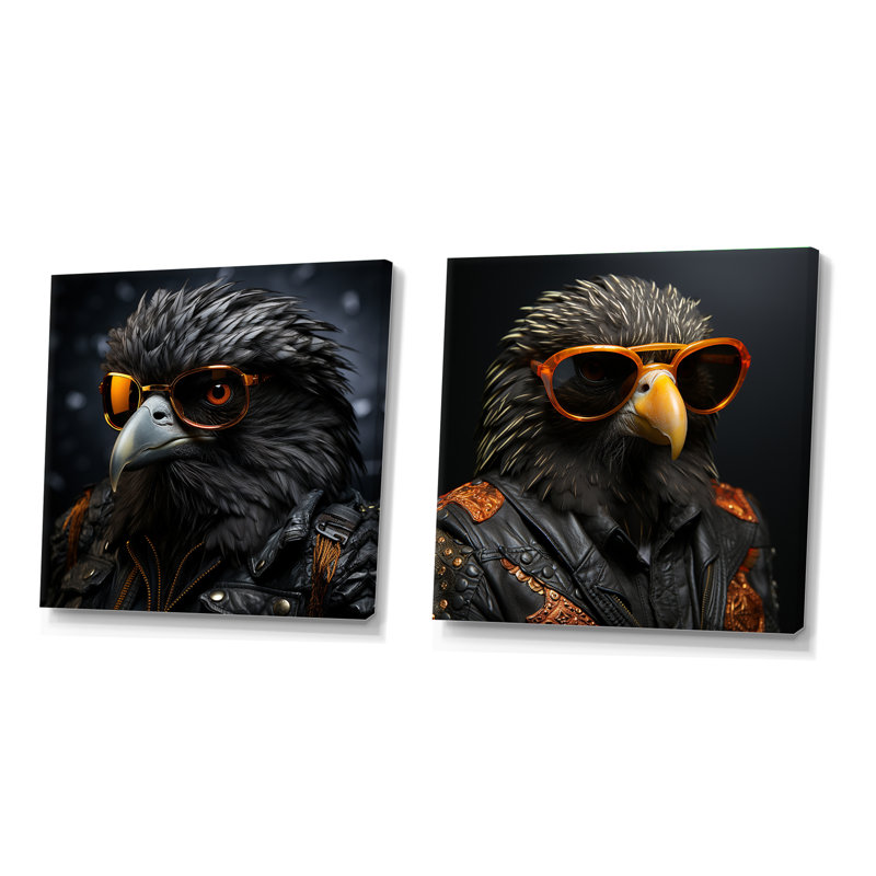 Cool Black Bird - aviateurs noirs - animaux, ensemble de 2 oiseaux carrés, H 16 po x l 33 po, Toile tendue