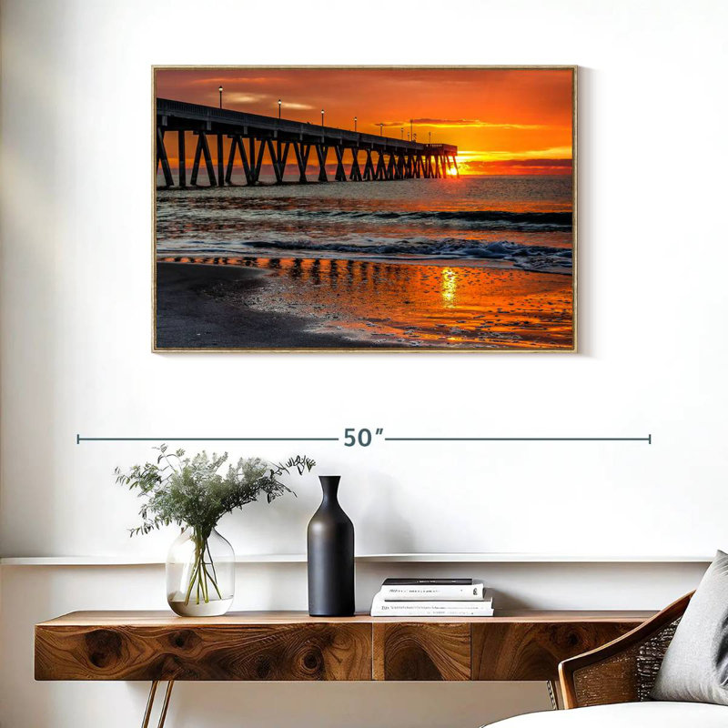 Sunrise In Wrightsville Dock, 37" X 25", Floating Frame Natural Wood