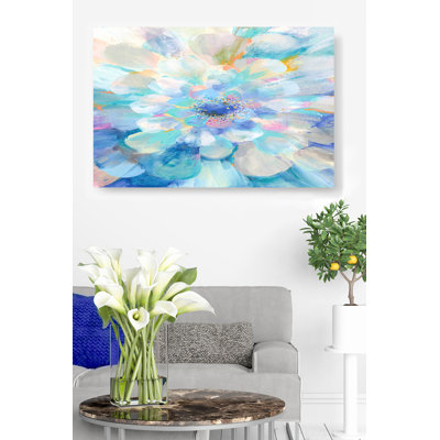 Fleur éclatante, abstrait coloré, reproduction de peinture, teinte bleue, cyan, indigo, turquoise, bleu sarcelle, orange, jaune, blanc, impressionniste, bord de mer, tropical