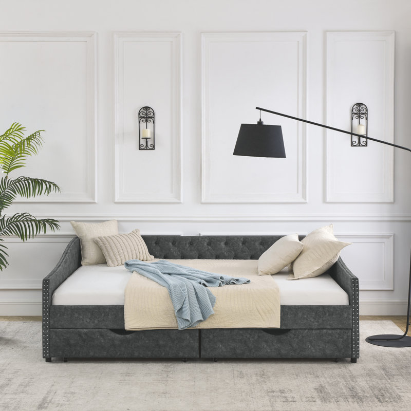 Grand lit de jour avec tiroirs, canapé-lit capitonné, avec bouton sur le dos et clou en cuivre sur les accoudoirs ondulés, gris (84,5 po x 63,5 po x 26,5 po)