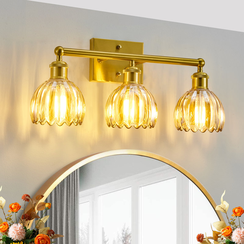 3-Light Gold Vanity Light Wall Light Over Mirror With Amber Tulip Glass Shade, Gold, Copper/Gold, 3 Lights