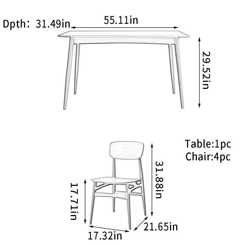 4 - Person Solid Wood Top Four Leg Dining Set, 29.52" H x 55.11" L x 31.49" W