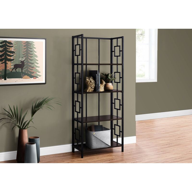 Stylish Metal Bookcase, 62" Tall, Dark Brown Laminate Shelves, For Bedroom 62"H 4 Tier & Black Metal, Space Office