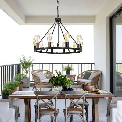 Lustre à roulettes Farmhouse avec 10 lumières, hauteur de suspension réglable, luminaire suspendu rond rustique pour îlot de cuisine, salle à manger, salon et entrée
