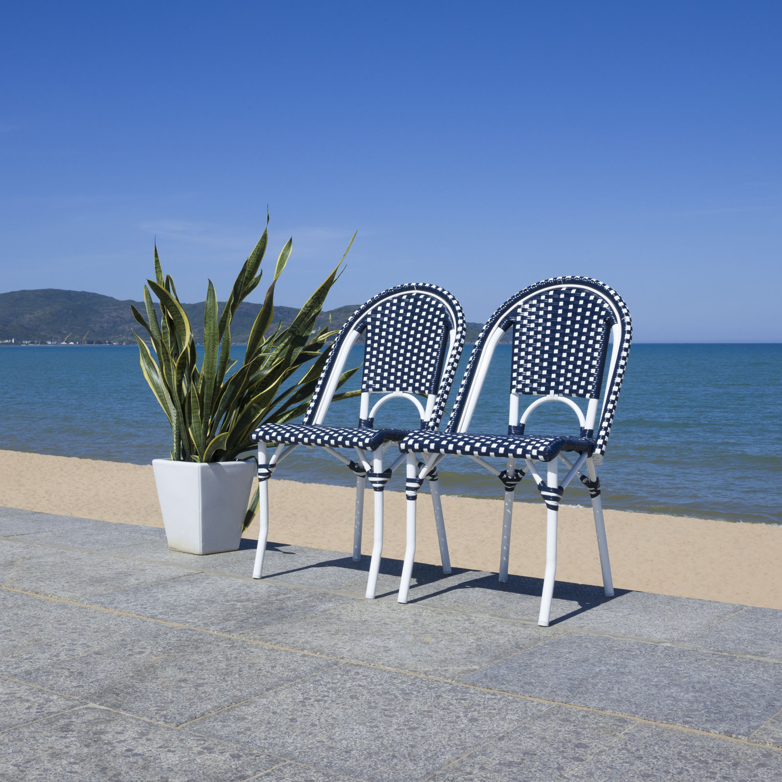 Patio Side Chair, White/Navy-White