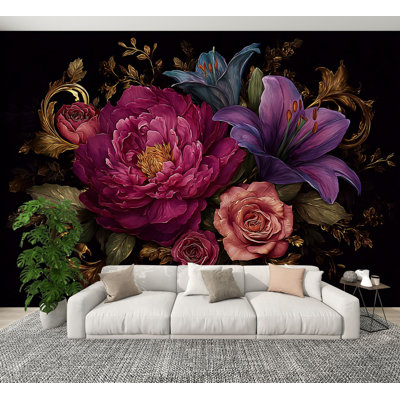Peel and Stick Wallpaper Elegant Dark Floral Arrangement Peonies Lily Golden Leaves Wall Murals 100"H x 144"W Removable PVC Wall Paper Self-Adhesive Wall Decor for Bedroom Living Room Home Office