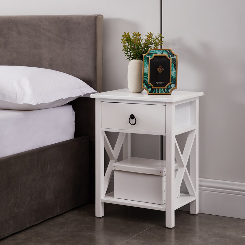 Petite table de chevet avec tiroir et tablette ouverte Mutchler, Crème, Individuel