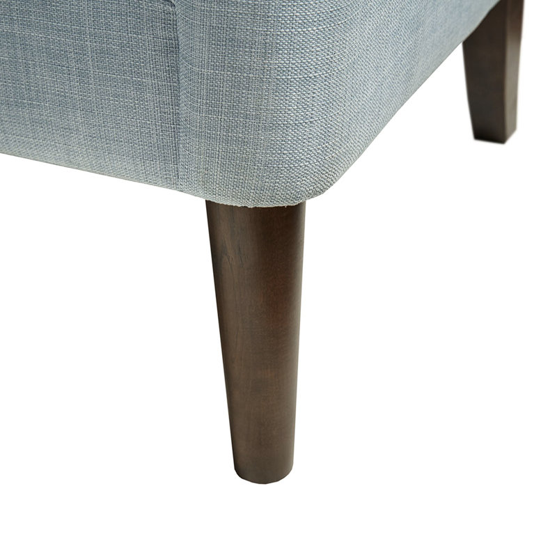 Fauteuil inclinable transitionnel à boutons, bois massif, revêtement bleu cendré, siège à coussin amovible, pieds en bois, design pour le salon