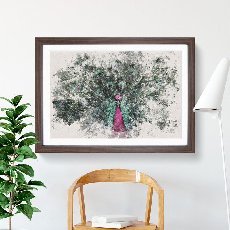 Mesmerising Pink and Green Peacock - Framed Print, 33cm H x 45cm W x 2cm D, Walnut Framed