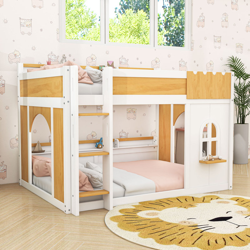 Wooden Bunk Bed with Built-In Storage Shelves, Ladder and Guardrails, Full Over Full