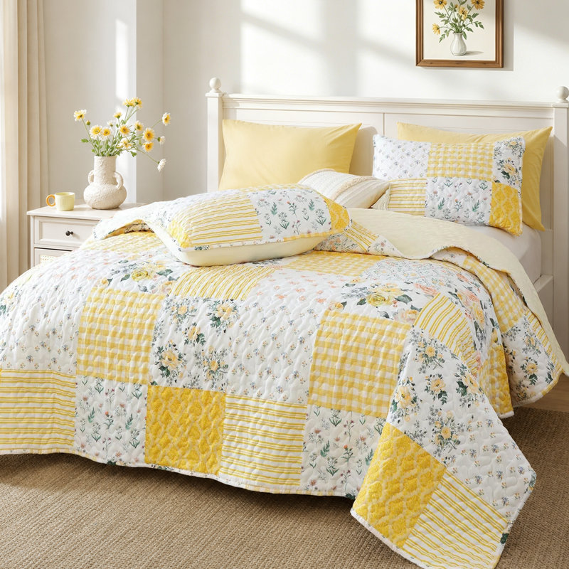 3-Pieces Floral Quilt Set, Vibrant Printed Quilt Bedding with 2 Pillowcases, Yellow Patchwork/Floral