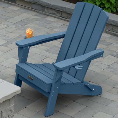 Folding Adirondack Chair Weather-Resistant HDPE Outdoor Fire Pit Chair With 2 Cup Holder by Highland Dunes