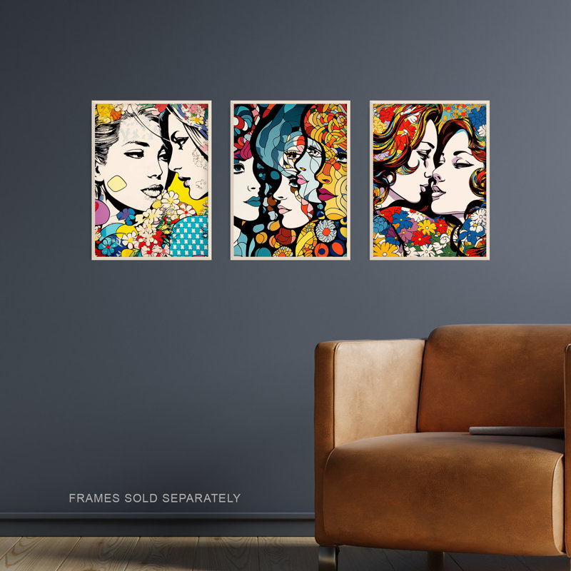 LGBTQ+ Love Vibrant Pop Art Lesbian Couple Floral Portraits 3 Piece Wall Art, 29.7cm H x 21cm W x 0.4cm D