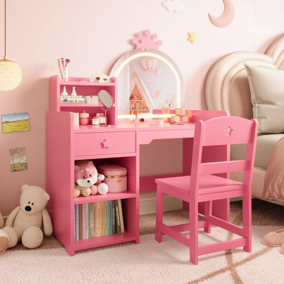 Kids Vanity with Lighted Mirror - 2 in 1 Princess Vanity Set Toddler Vanity Table and Chair Set with Open Bookshelf - Storage Cabinet and Shelves for