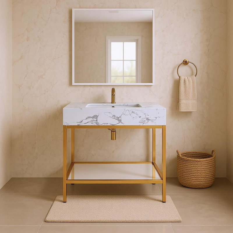Meuble-lavabo simple 36 po Marmo, Laiton brossé, Blanc