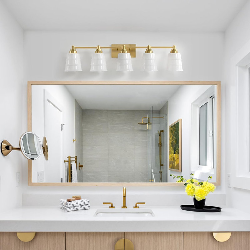 Luminaire de meuble-lavabo de salle de bain 5 lumières Modern, Doré, H 8,66 po x l 37 po x P 5,51 po, Blanc