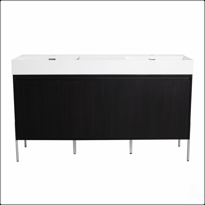 Meuble-lavabo autoportant 60 po avec double lavabo en résine, armoire de rangement avec portes à fermeture douce (ensemble KD)
