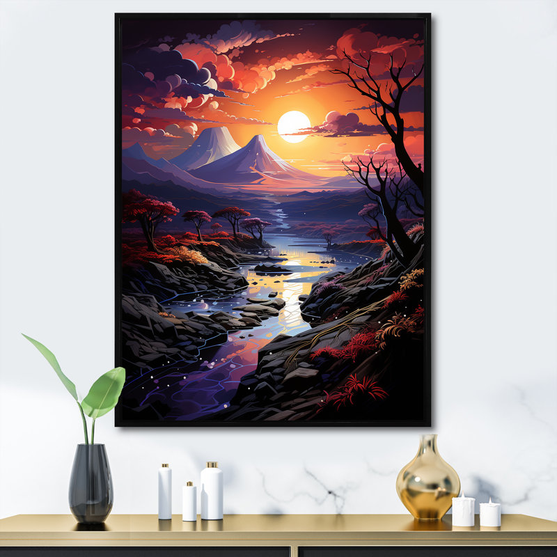 Volcan, crépuscule volcanique sur toile, Cadre flottant noir, H 32 po x l 16 po x P 1 po