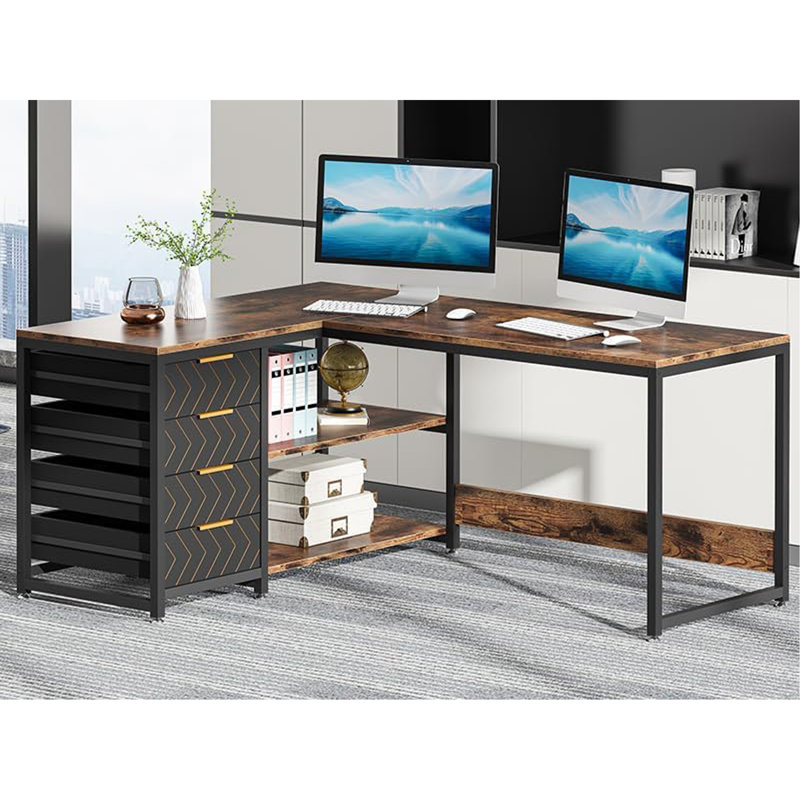 Bureau d'ordinateur en L avec tiroirs et tablettes de rangement, poste de travail de coin réversible, bureau d'écriture pour bureau à domicile avec classeurs, design industriel